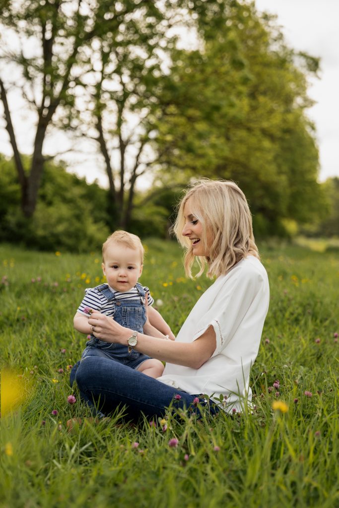 mother and son from Redhill, surrey in a grassy field.